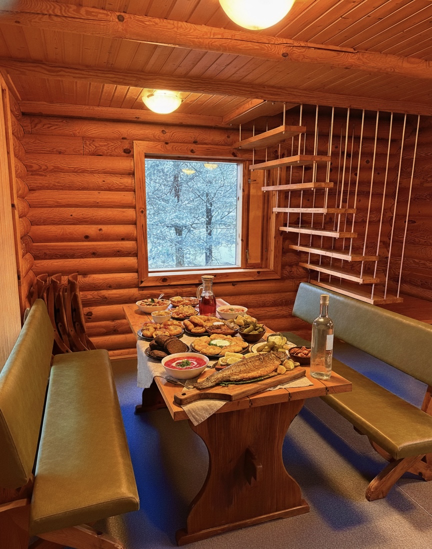 Traditional feast spread in the sauna house