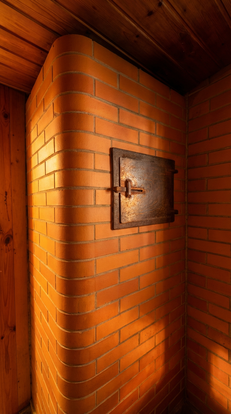 Massive brick stove - the heart of our authentic Russian gray sauna